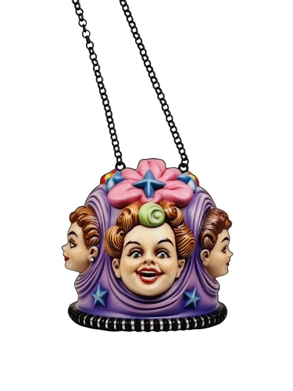 Whimsical Three Faced Circus Performer Statement Necklace — Black Chain